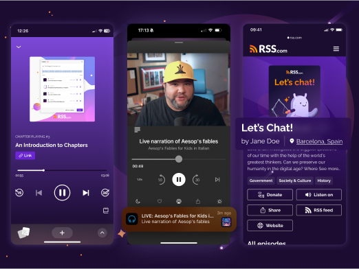 Experience a variety of Podcasting 2.0 features, including mobile views for a podcaster going live using the Live Item Tag, receiving donations through Value 4 Value, and offering detailed episode chapters for a richer listening experience.